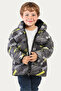 Boy's Yellow Black Digital Pattern Fleece Water and Windproof Hooded Inflatable Winter Coat