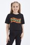 Black Oversize Colorful Text Printed Off-Shoulder O-Neck Girls' Crop T-Shirt - 75038 - 3