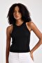 Ribbed Black Sleeveless Halter Neck Women's Crop Knitwear - 3