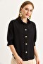 Wooden Button Three Quarter Sleeve Linen Shirt Black - 4