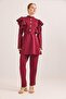 Button Detailed Stand Collar Ruffled Shoulder Scuba Suit Burgundy - 2