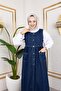 Women's Buttoned Waist Drawstring Navy Blue Denim Gilet - 5