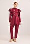 Button Detailed Stand Collar Ruffled Shoulder Scuba Suit Burgundy