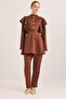 Button Detailed Stand Collar Ruffled Shoulder Scuba Suit Brown - 5