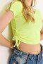 Crew Neck Crop Blouse with Gathered Sides Green - 3