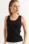 Zero Sleeve Wide Collar Ribbed Blouse Black - 2