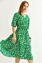 Double Breasted Collar Gathered Waist Midi Dress Green - 4