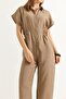 Short Sleeve Waist Elastic Modal Woven Jumpsuit Mink - 3