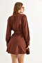 Shirt Collar Stripe Waist Belted Dress Brown - 3