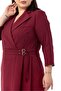 Plus Size Double Breasted Collar Three Quarter Sleeve Pleated Midi Burgundy Dress - 5