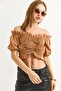 Madonna Collar Gathered Crop Blouse Brown - 2