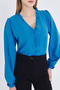 Women's Blue Collar and Front Ruffle Detail Long Sleeve Blouse with Elastic Sleeves Arm-25K001030 - 2