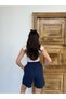 Navy Blue, Muslin Fabric, Pockets, Elastic Waist, Women's Midi Length, Summer Shorts - 5