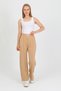 Beige Elastic Waist High Waist Wide Leg Palazzo Women's Comfortable Fabric Trousers 2373
