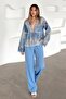 Pleated Palazzo Pants with Elastic Back Blue 7584 - 4
