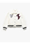 Long Sleeve Color Block Polo Neck College Jacket with Applique Detail