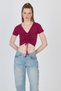 Burgundy V-Neck Gathered Crop T-Shirt 9201m - 6