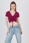 Burgundy V-Neck Gathered Crop T-Shirt 9201m - 3