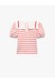 Short Balloon Sleeve Cotton Bow Detailed Baby Collar Striped T-Shirt - 2