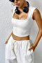 Women's White Square Collar Thickening Shoulder Detailed Crop Top Blouse - 5