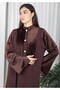 Brown Round Neck Nida and Velvet Abaya with Front Button Detailing - 4