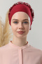 Women's Hijab Front Seamless Ruffled Combed Cotton Bonnet Claret Red - 2