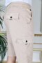 Men's Cream Lycra Gabardine Shorts Cargo Pocket Cotton Elastic Waist Lace-Up Basic Shorts - 4