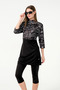 Women's Black Half Sleeve 4-Piece Semi-Covered Swimsuit Set – Patterned Top, Bustier, Leggings, Bonnet - 5