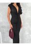 Women's V-Neck Double Breasted Detailed Satin Look Long Evening Dress - 3