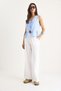 Women's White Elastic Waist, Detailed Cuffs, Palazzo Style Cotton Gabardine Summer Trousers 60283323 - 2