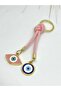 Eye Shaped Pink Stone Eye Metal Keychain, Metal Evil Eye Beaded Keychain with String - 5