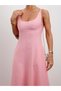 Women's Pink Linen Dress with Straps and Pockets - 2