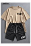 Star Printed Cotton Fabric Men's Beige T-Shirt-Black Shorts Set - 2