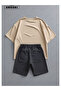 Star Printed Cotton Fabric Men's Beige T-Shirt-Black Shorts Set - 3