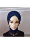 Navy Blue Crystal Bead Embroidered Scarf Type Shawl Model Ready Veil Ready Shawl Ready Turban - 3