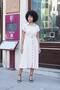 Women's Twill Modal Collar Off-Shoulder Double Sleeve Midi Length Knee-Length Dress (Leather Belt Included)-Powder