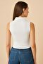 White Polo Neck Zero Sleeve Ribbed T-Shirt - 3