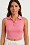 Pink Polo Neck Zero Sleeve Ribbed T-Shirt