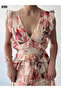 Women's Chiffon Fabric Floral Patterned Back and Chest Low-Cut Slit Detailed Maxi Length Dress - 5