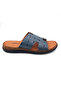 100% Genuine Leather Blue Patterned Leather Men's Slippers, Daily Slippers - 2