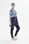 Full Covered Lycra Patterned Skirted Hijab Swimsuit Navy Blue 3481-L - 6
