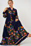 2423 Authentic Patterned Modest Dress - Solid Navy - 2