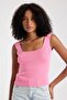 Pink Square Neck Sleeveless Crop Women's Knitwear - 3