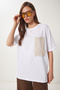 Women's White Oversize Embroidery Pocket Knitted T-Shirt Zv00277