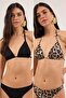 Leopar Ve Siyah 2'li Üçgen Kaplı Bikini Üstü TBESS25BU00074