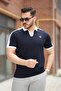 Navy Blue Embroidered V Polo Neck Short Sleeve T-Shirt-2524