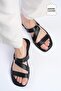 Genuine Leather Black Color Blunt Toe Women's Flat Slippers