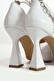 Women's Platform Ankle Heeled Shoes with Stone Embellished, White - 4