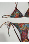 Women's Brown Ethnic Pattern Halter Neck Tie Triangle Bikini Set Hzl25S-Lc5005 - 5