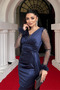 Satin Fabric Mermaid Dress with Ruffled Sleeves and Beaded Details - NAVY BLUE - 2